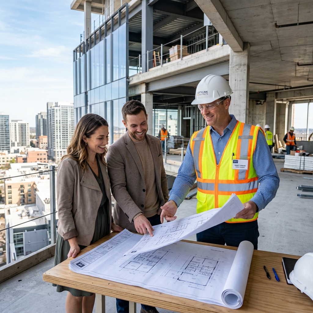 Reunião de planejamento de obra com planta baixa